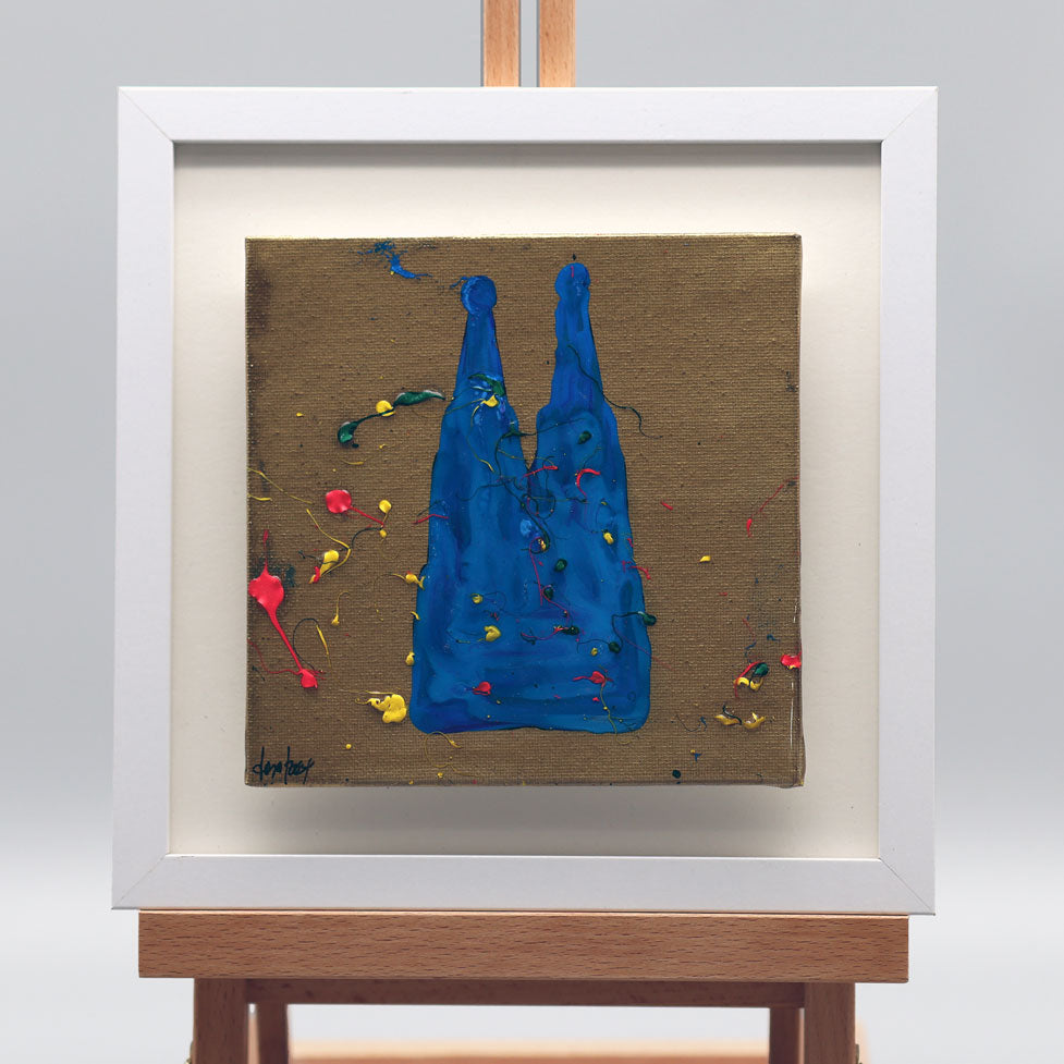 Acrylbild Kölner Dom in Blau mit farbigen Spritzern auf Leinwand im weißen Rahmen von Pixel Cafe Cologne
