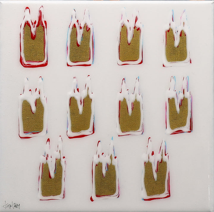 Handgemaltes Kunstwerk Köln als abstraktes Acrylbild mit roten und weißen Farbakzenten von Pixel Cafe Cologne