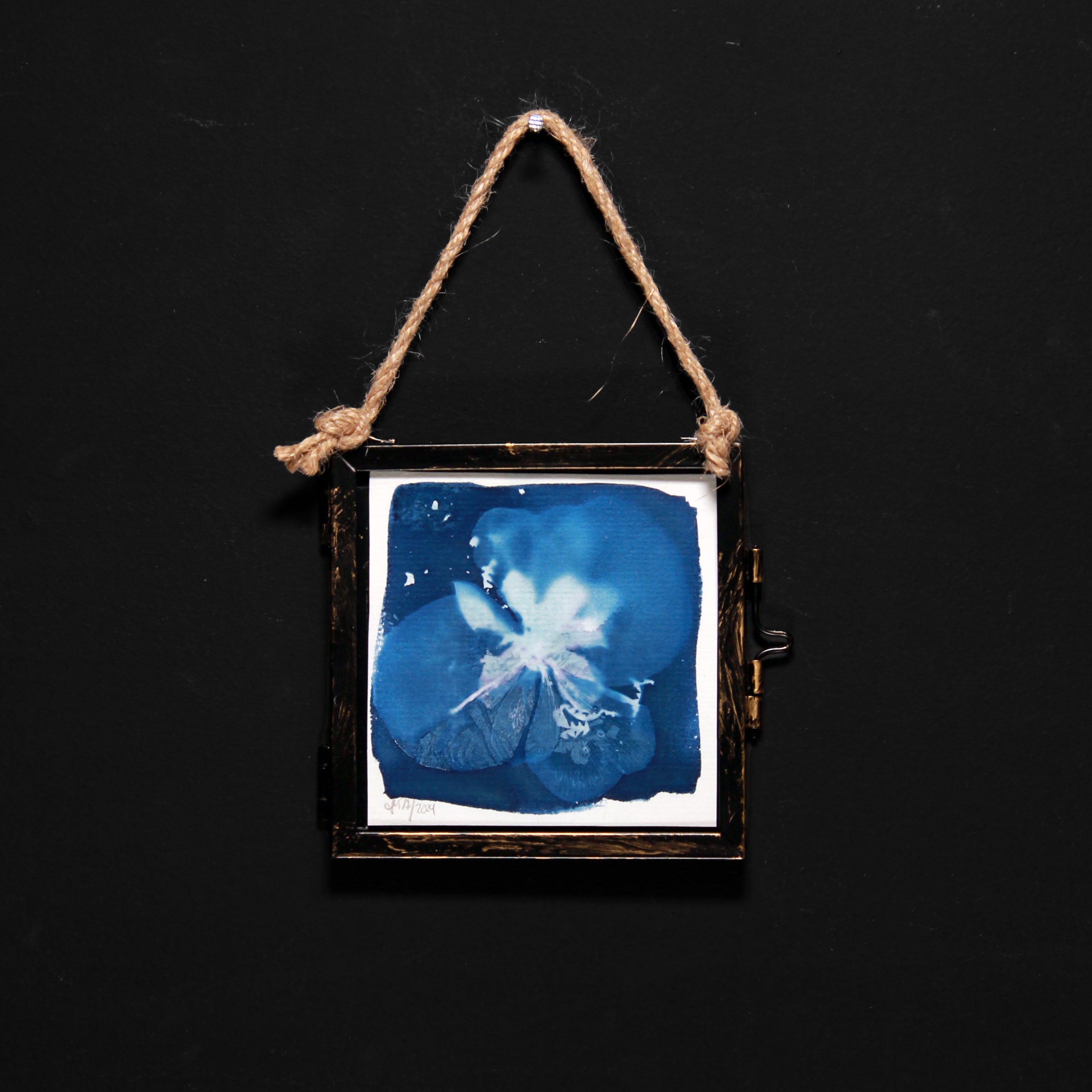 Cyanotype | Floral motif in glass frame | 10 x 10 cm