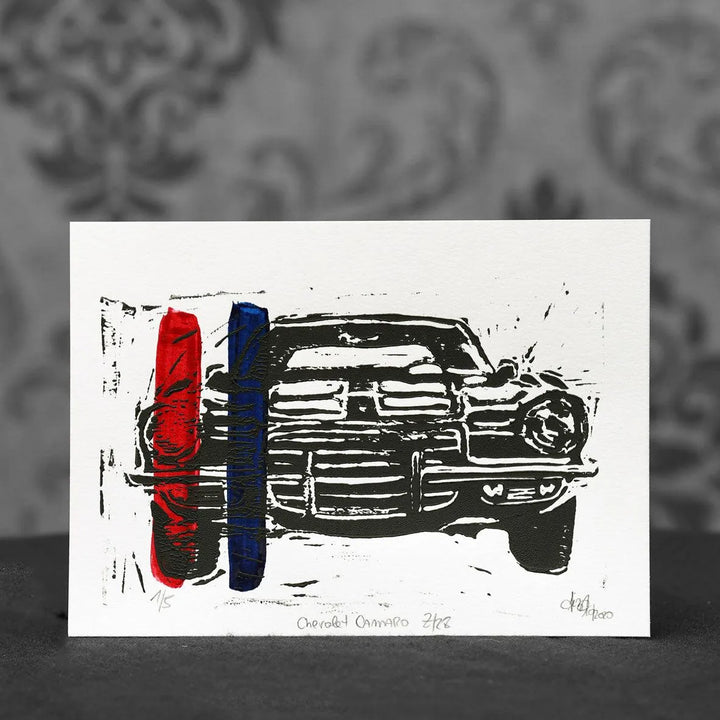 Chevrolet Camaro Z/28 | Linoldruck - Pixel Cafe Cologne Amerikanische Oldtimer, Art, Block print, Chevrolet, Chevrolet Camaro, Chevrolet Camaro Z/28, Geschenkartikel, Kunst, Linocut, Linoldruck, Linolstich, Muscle Car, Oldtimer, Unikat, US Car