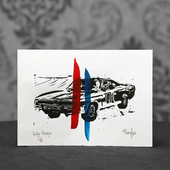 Dodge Charger | Linoldruck - Pixel Cafe Cologne Amerikanische Oldtimer, Art, Block print, Dodge Charger, Geschenkartikel, Greeting Card, Grußkarte, Kunst, Linocut, Linoldruck, Linolstich, Muscle Car, Oldtimer, Scat Pack, Seasons greetings, Unikat, US Car