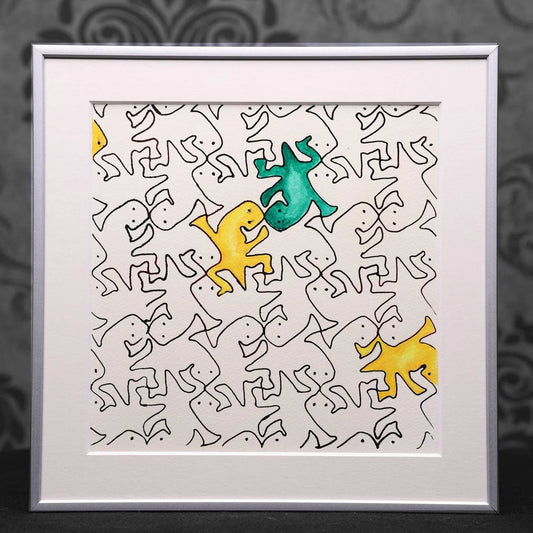 Echsen nach dem Vorbild von Escher | Grün-Gelb - Pixel Cafe Cologne Aquarellfarben, Art, Gelb, Geschenkartikel, Grün, Kunst, M.C. Escher, Passepartout, Pop Art, Screen Print, Siebdruck, Unikat