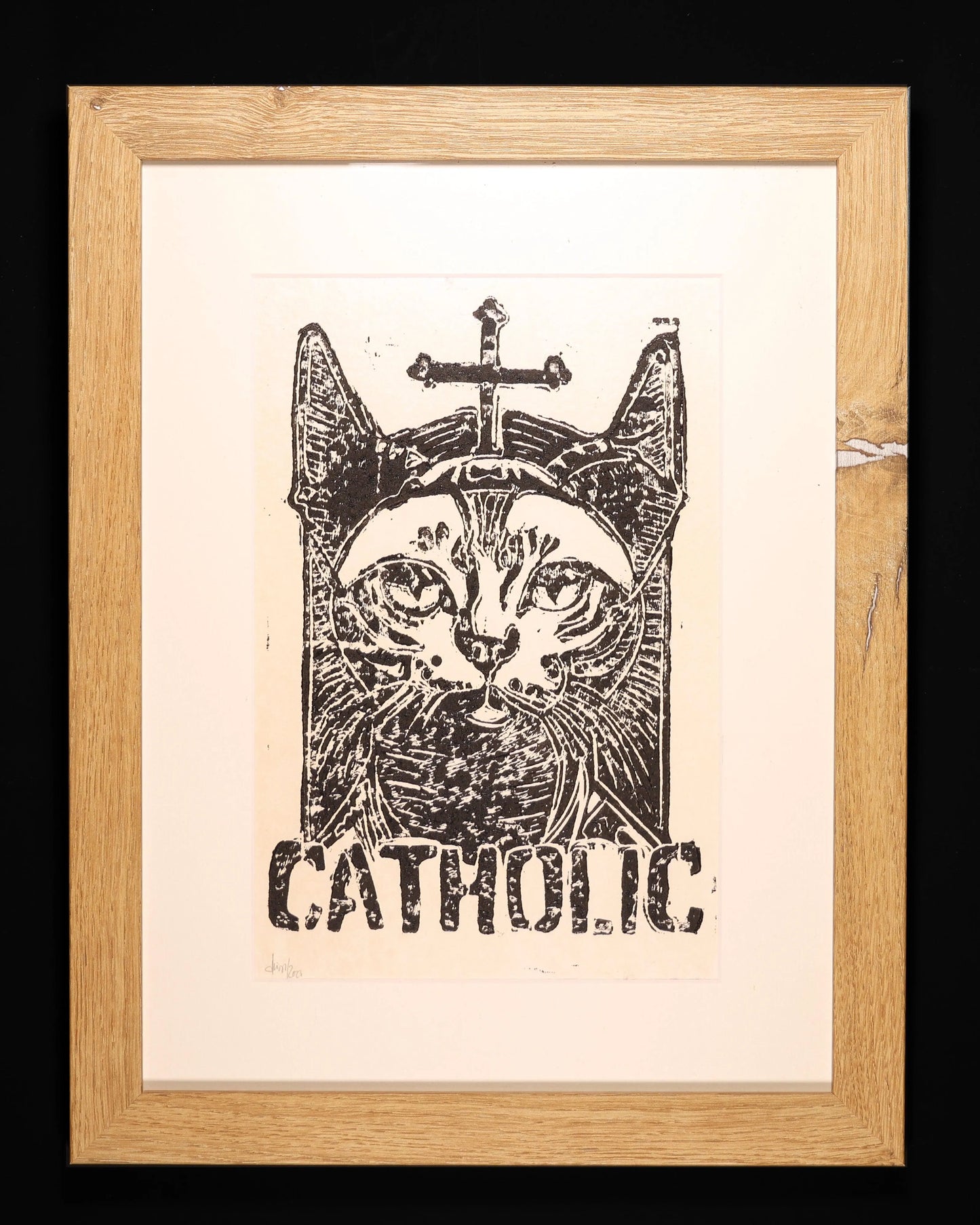 Linoldruck | CATHOLIC (Cat-Holic) - Pixel Cafe Cologne Abstrakte Kunst, Art, Druckkunst, Geschenk, Geschenkartikel, Geschenkidee, Katze, Kunst, Kunst aus Köln, Kunstdruck, Linocut, Linoldruck, Linoleum, Linolium, Linolschnitt, Linolstich, Linoprint, Nielsen Rahmen, Passepartout, Retro, Unikat, Weihnachtsgeschenk