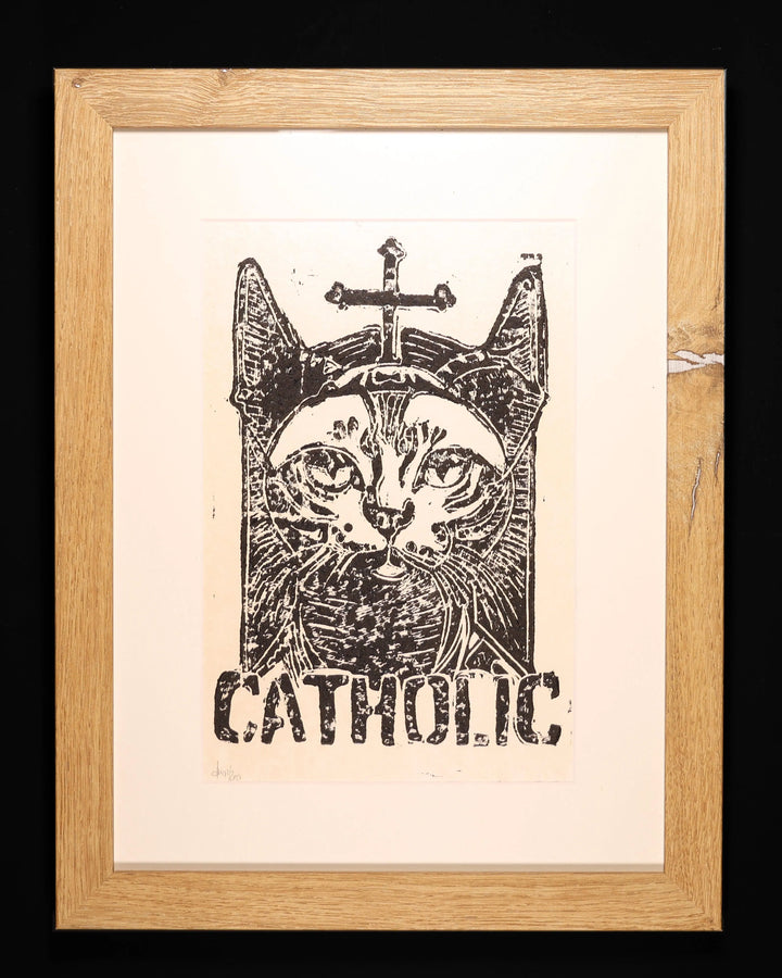 Linoldruck | CATHOLIC (Cat-Holic) - Pixel Cafe Cologne Abstrakte Kunst, Art, Druckkunst, Geschenk, Geschenkartikel, Geschenkidee, Katze, Kunst, Kunst aus Köln, Kunstdruck, Linocut, Linoldruck, Linoleum, Linolium, Linolschnitt, Linolstich, Linoprint, Nielsen Rahmen, Passepartout, Retro, Unikat, Weihnachtsgeschenk