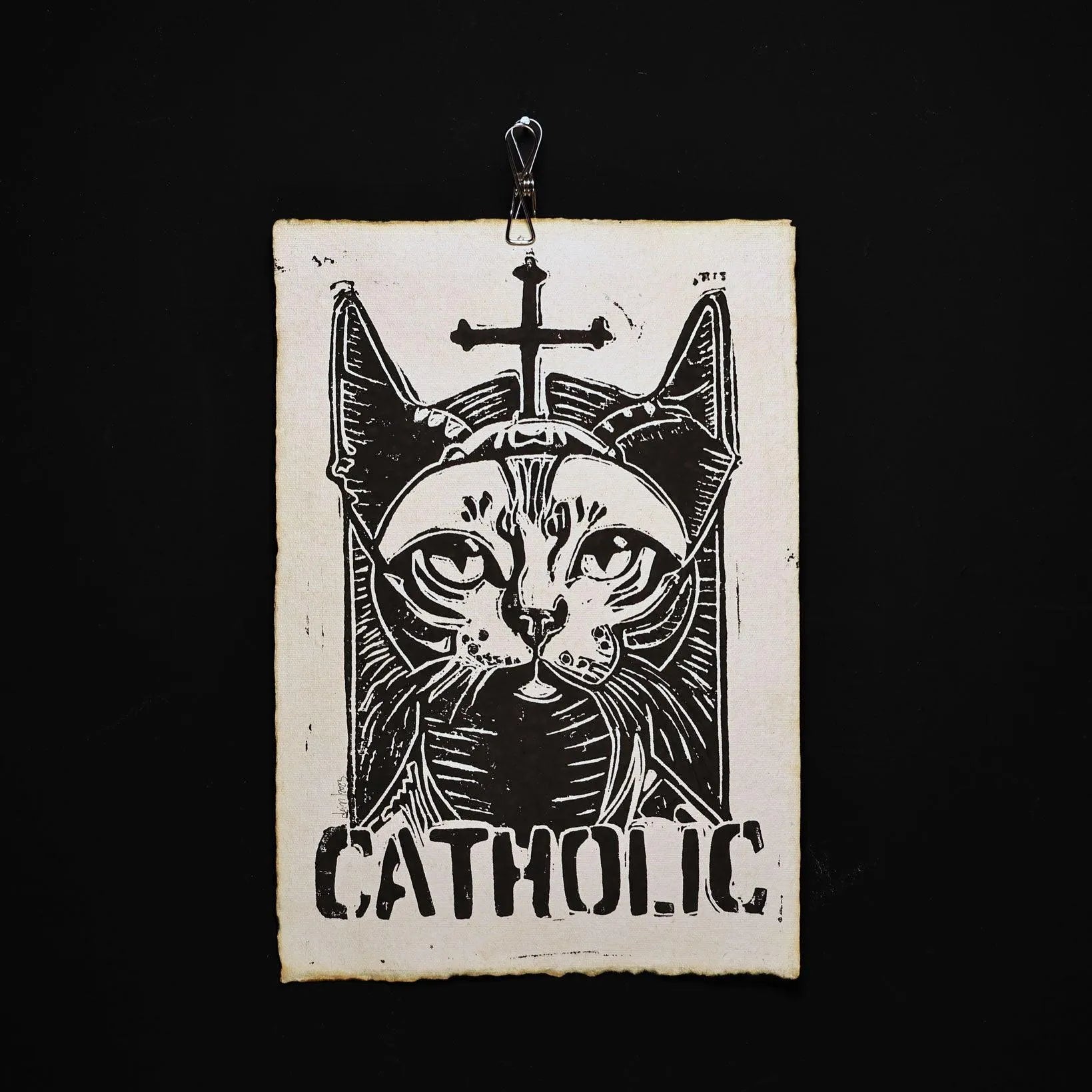 Linoldruck | CATHOLIC (Cat-Holic unframed II) - Pixel Cafe Cologne Abstrakte Kunst, Art, Druckkunst, Geschenk, Geschenkartikel, Geschenkidee, Katze, Kunst, Kunst aus Köln, Kunstdruck, Linocut, Linoldruck, Linoleum, Linolium, Linolschnitt, Linolstich, Linoprint, Nielsen Rahmen, Passepartout, Retro, Unikat, Weihnachtsgeschenk