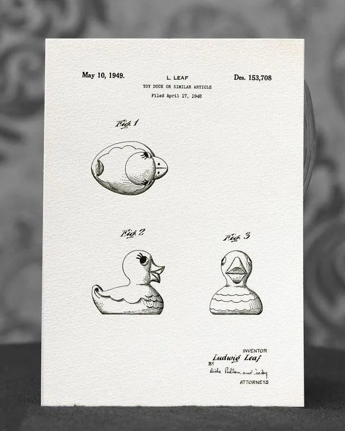 Quitscheentchen | Patent aus 1949 - Pixel Cafe Cologne 1949, Aquarellmalerei, Badeente, Badewannenente, Duck, Kunstdruck, Patent, Quietscheentchen, Spielzeug, Technische Zeichnung, Toy Duck