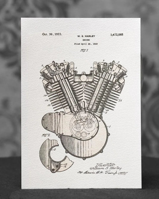 W. S. Harley Engine | Patent aus 1923 - Pixel Cafe Cologne 1923, Harley, Harley Engine, Harley Motor, Kunstdruck, Patent, Technische Zeichnung, W. S. Harley