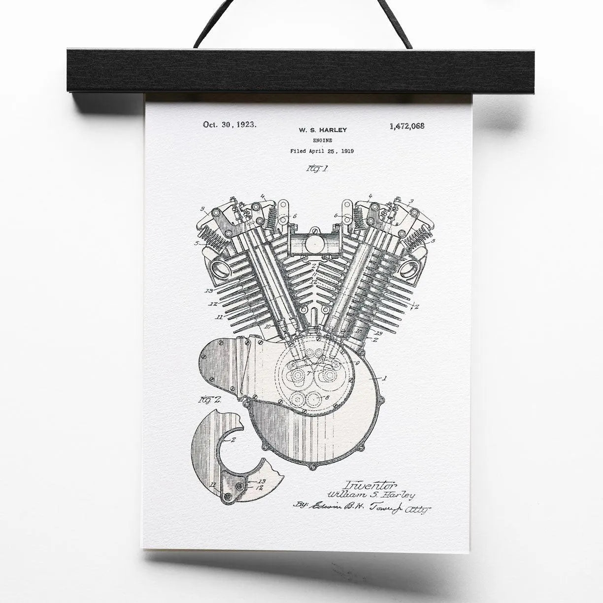 W. S. Harley Engine | Patent aus 1923 - Pixel Cafe Cologne 1923, Harley, Harley Engine, Harley Motor, Kunstdruck, Patent, Technische Zeichnung, W. S. Harley