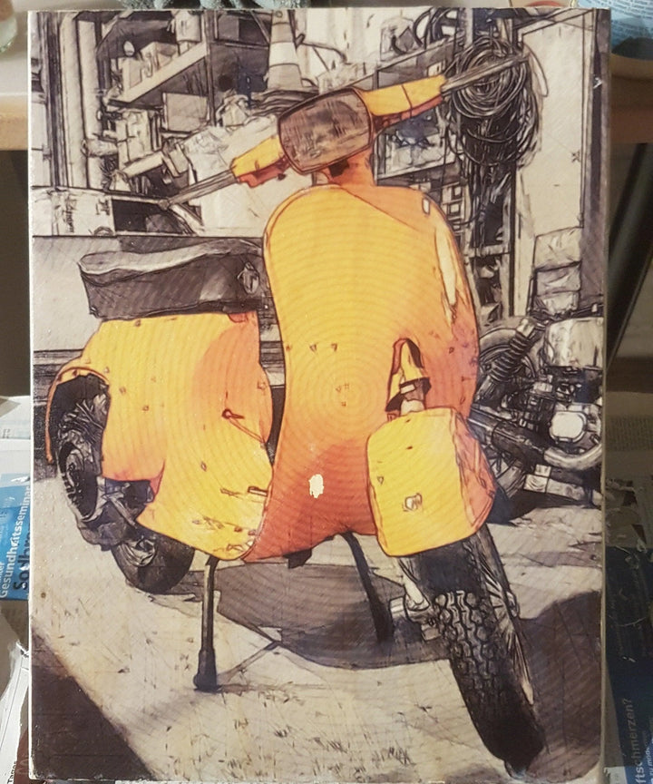 Werkstattbild Vespa - Pixel Cafe Cologne 70r, 70ties, Art, Cartoon, ciao, comic, Deko, druck, Druckkunst, Drucktechnik, Einzelstück, Fanprodukt, Gelb, Geschenk, Geschenkartikel, Geschenkidee, Handarbeit, Handgemacht, holz, Kunst, Kunst aus Köln, Kunstdruck, Oldtimer, piaggio, pin-up, pinup, pop art, retro, Unikat, vespa, vintage, Weihnachtsgeschenk